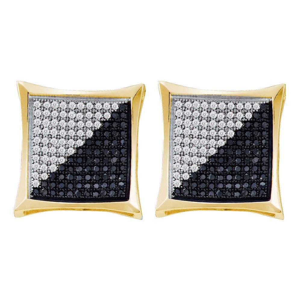 10kt Yellow Gold Mens Round Black Color Enhanced Diamond Square Kite Cluster Earrings 1/4 Cttw