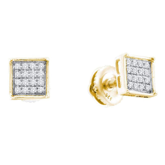 Yellow-tone Sterling Silver Womens Round Diamond Square Cluster Screwback Earrings 1/10 Cttw