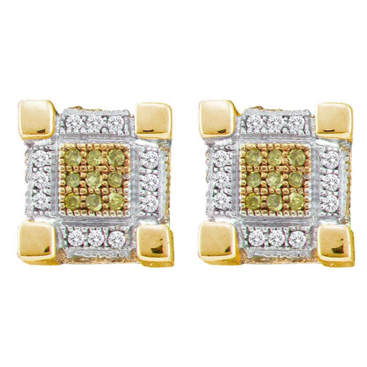 10kt Yellow Gold Mens Round Yellow Color Enhanced Diamond 3D Cube Stud Earrings 1/3 Cttw