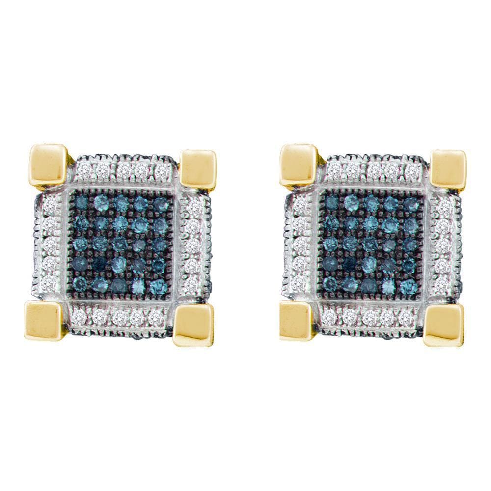 10kt Yellow Gold Mens Round Blue Color Enhanced Diamond 3D Cube Square Earrings 3/4 Cttw