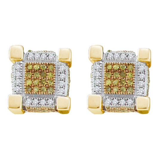 10kt Yellow Gold Mens Round Yellow Color Enhanced Diamond 3D Cube Stud Earrings 1/2 Cttw