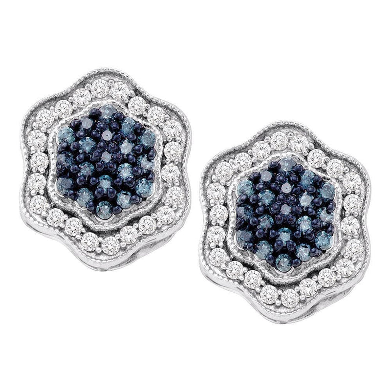 10kt White Gold Womens Round Blue Color Enhanced Diamond Hexagon Cluster Earrings 3/4 Cttw