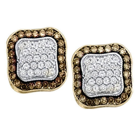 10kt Yellow Gold Womens Round Cognac-brown Color Enhanced Diamond Square Frame Cluster Earrings 1.00 Cttw