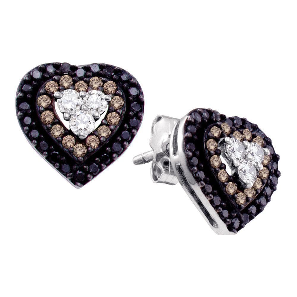 14kt White Gold Womens Round Cognac-brown Black Color Enhanced Diamond Heart Cluster Earrings 1/2 Cttw