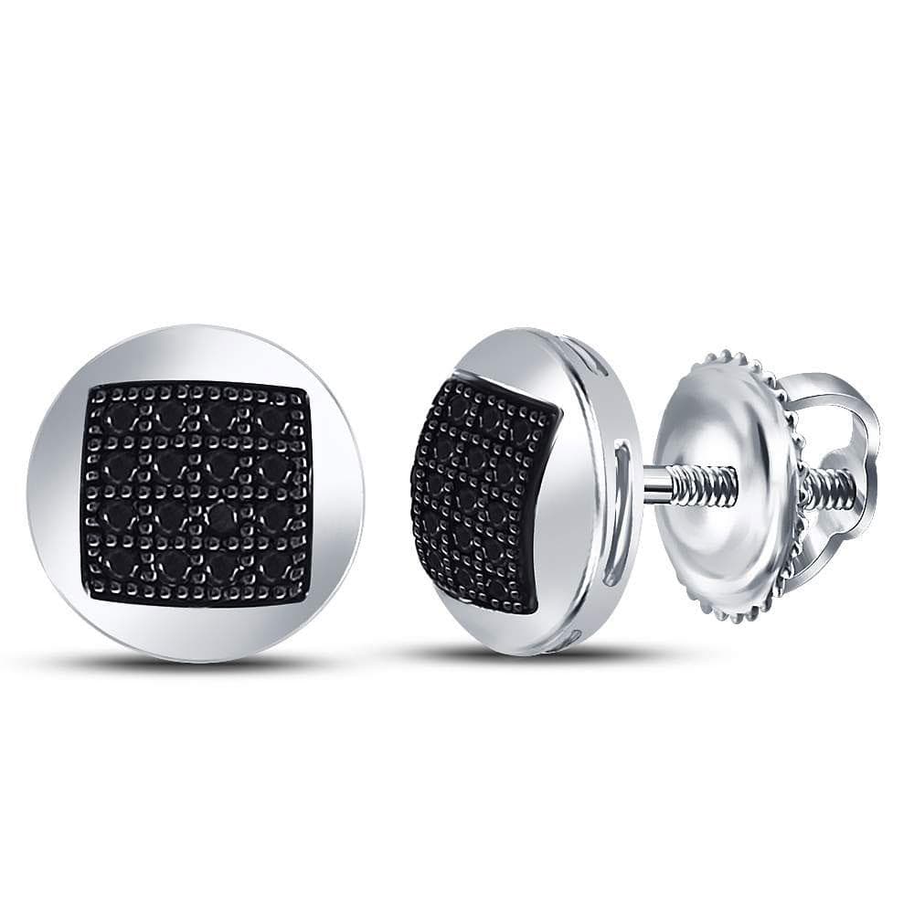 Sterling Silver Mens Round Color Enhanced Black Diamond Circle Cluster Stud Earrings 1/6 Cttw