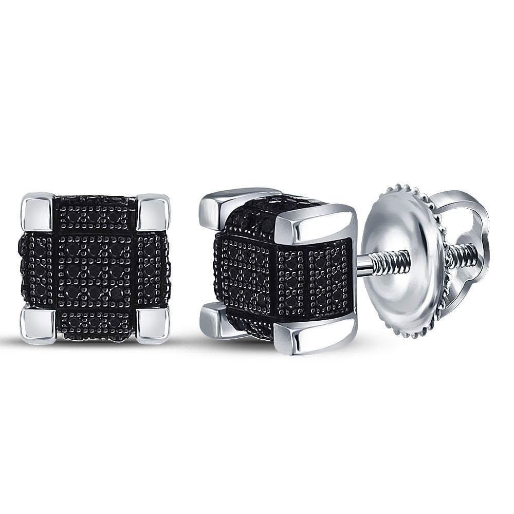 Sterling Silver Mens Round Color Enhanced Black Diamond 3D Cube Stud Earrings 1/3 Cttw