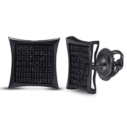 Sterling Silver Mens Round Black Color Enhanced Diamond Square Cluster Earrings 1/3 Cttw