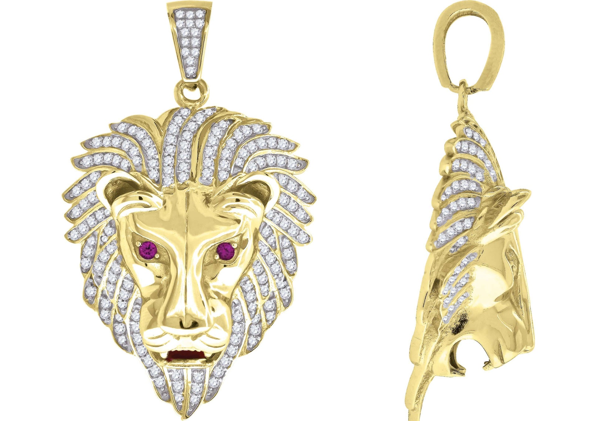 Yellow-tone Sterling Silver Mens Round Cubic Zirconia CZ Lion Face Charm Pendant, Pendants, Silverine, Jawa Jewelers