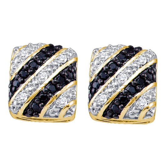 10k Yellow Gold Black Color Enhanced Diamond Striped Square Womens Cluster Stud Earrings 1/3 Cttw