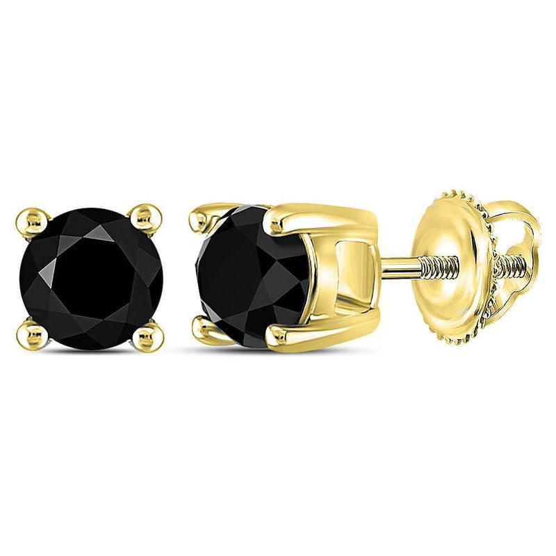 14kt Yellow Gold Unisex Round Black Color Enhanced Diamond Solitaire Stud Earrings 1.00 Cttw