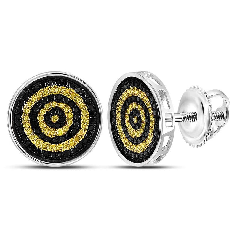 Sterling Silver Mens Round Yellow Black Color Enhanced Diamond Circle Stud Earrings 1/2 Cttw