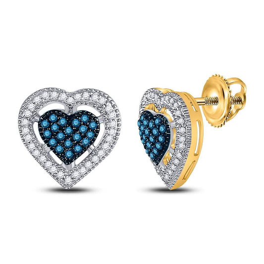 10kt Yellow Gold Womens Round Blue Color Enhanced Diamond Heart Screwback Earrings 3/8 Cttw