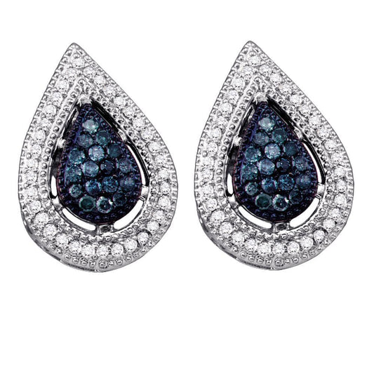 10kt White Gold Womens Round Blue Color Enhanced Diamond Teardrop Cluster Earrings 3/8 Cttw
