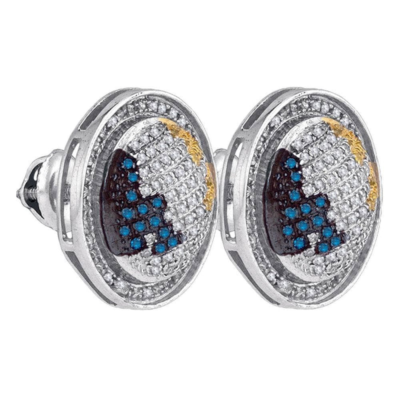 Sterling Silver Mens Round Blue Yellow Color Enhanced Diamond Circle Stud Earrings 3/4 Cttw
