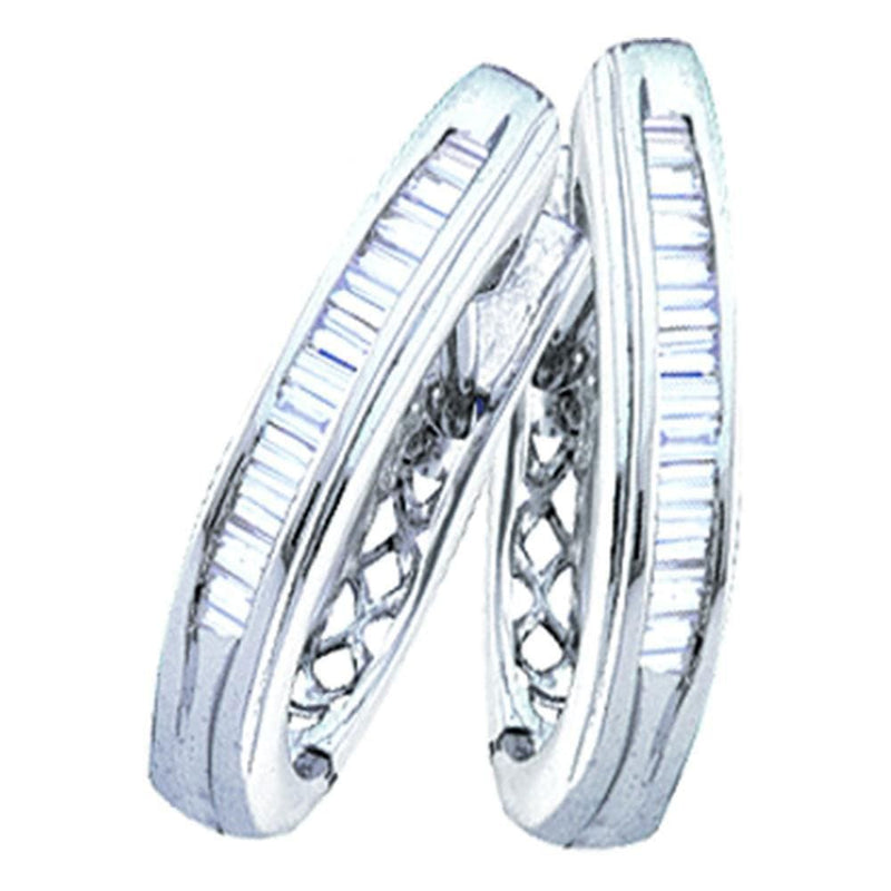 Sterling Silver Baguette Diamond Channel-set Womens Oblong Hoop Earrings 1/4 Cttw
