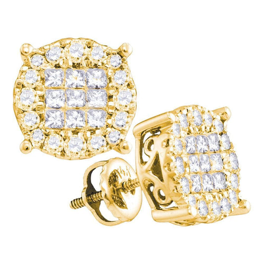 14kt Yellow Gold Womens Princess Diamond Soleil Cluster Earrings 1.00 Cttw