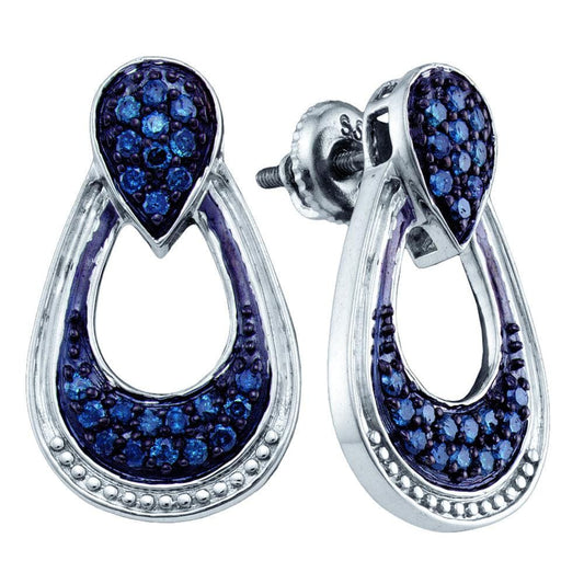 Sterling Silver Womens Round Blue Color Enhanced Diamond Door Knocker Dangle Earrings 5/8 Cttw