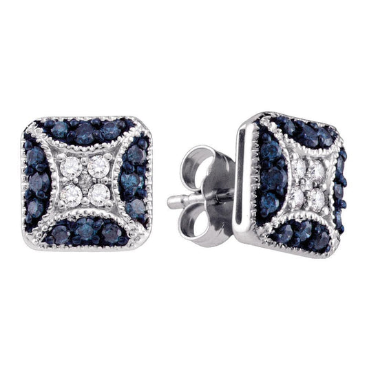 10kt White Gold Womens Round Blue Color Enhanced Diamond Square Cluster Earrings 1/2 Cttw