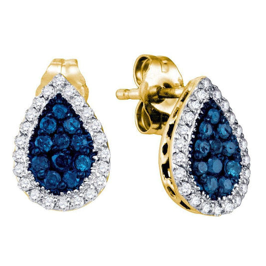 10kt Yellow Gold Womens Round Blue Color Enhanced Diamond Teardrop Cluster Earrings 1/2 Cttw