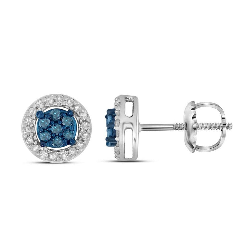 10k White Gold Womens Round Blue Color Enhanced Diamond Cluster Stud Screwback Earrings 1/4 Cttw