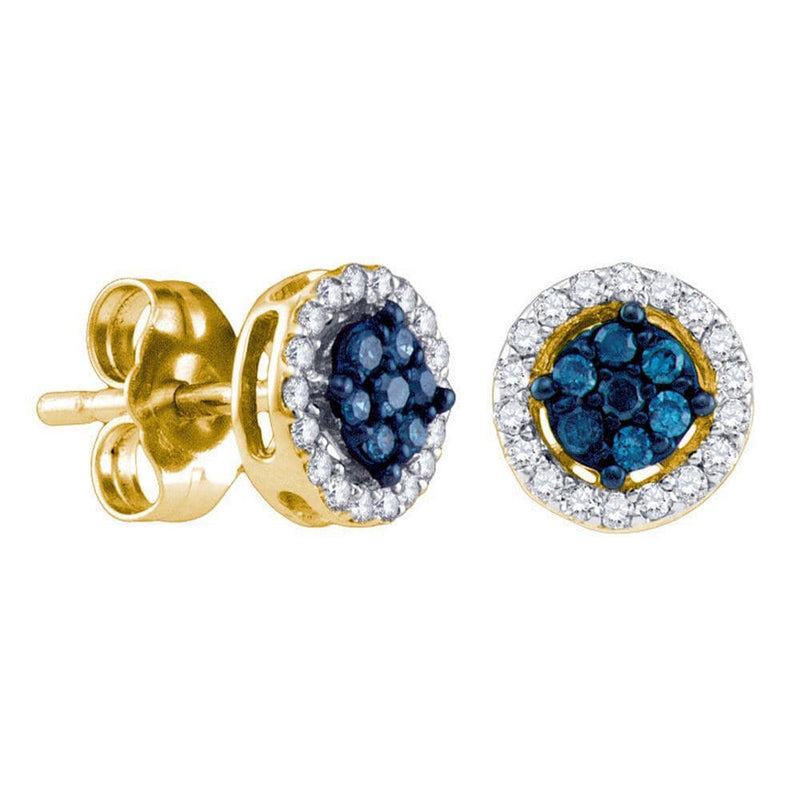 14k Yellow Gold Womens Round Blue Color Enhanced Diamond Cluster Stud Screwback Earrings 1/4 Cttw