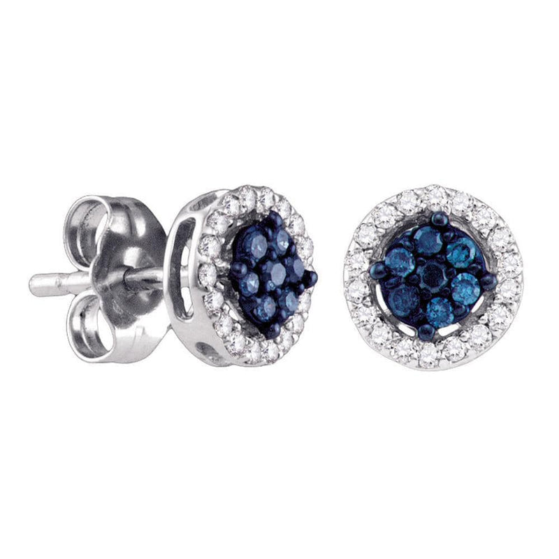 14k White Gold Womens Round Blue Color Enhanced Diamond Cluster Stud Screwback Earrings 1/4 Cttw