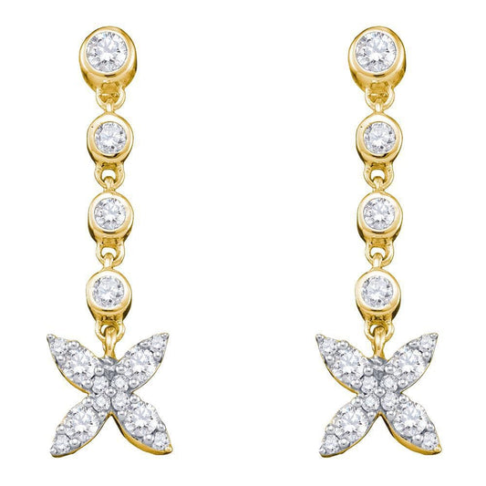 10kt Yellow Gold Womens Round Diamond Flower Cluster Dangle Earrings 3/4 Cttw