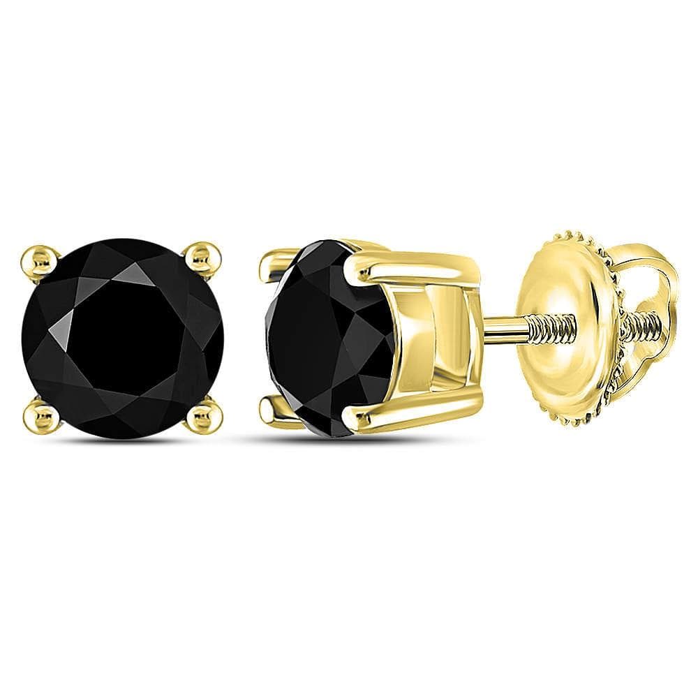 10kt Yellow Gold Unisex Round Black Color Enhanced Diamond Solitaire Screwback Earrings 1-1/2 Cttw