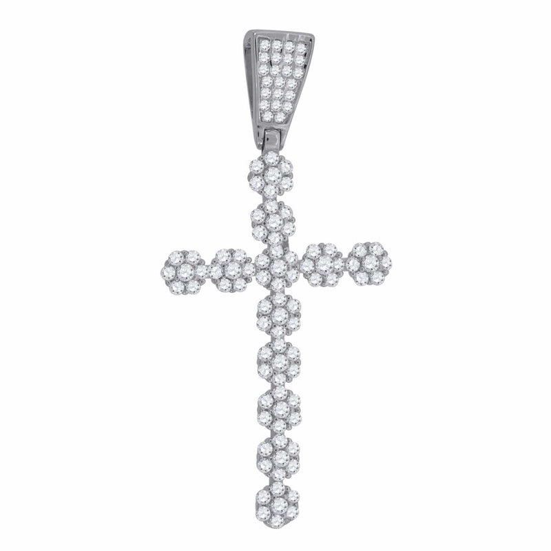 925 Sterling Silver Cubic Zirconia CZ Flower Cross Religious Pendant Charm, Pendants, JJ-SLV, Jawa Jewelers