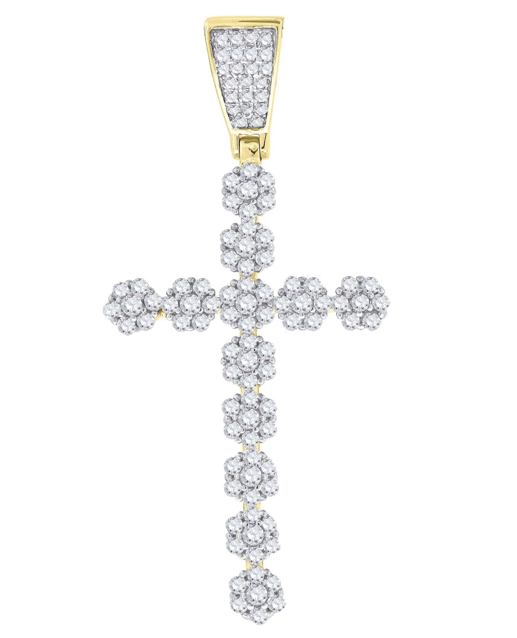 925 Sterling Silver Yellow-tone Cubic Zirconia CZ Flower Cross Religio