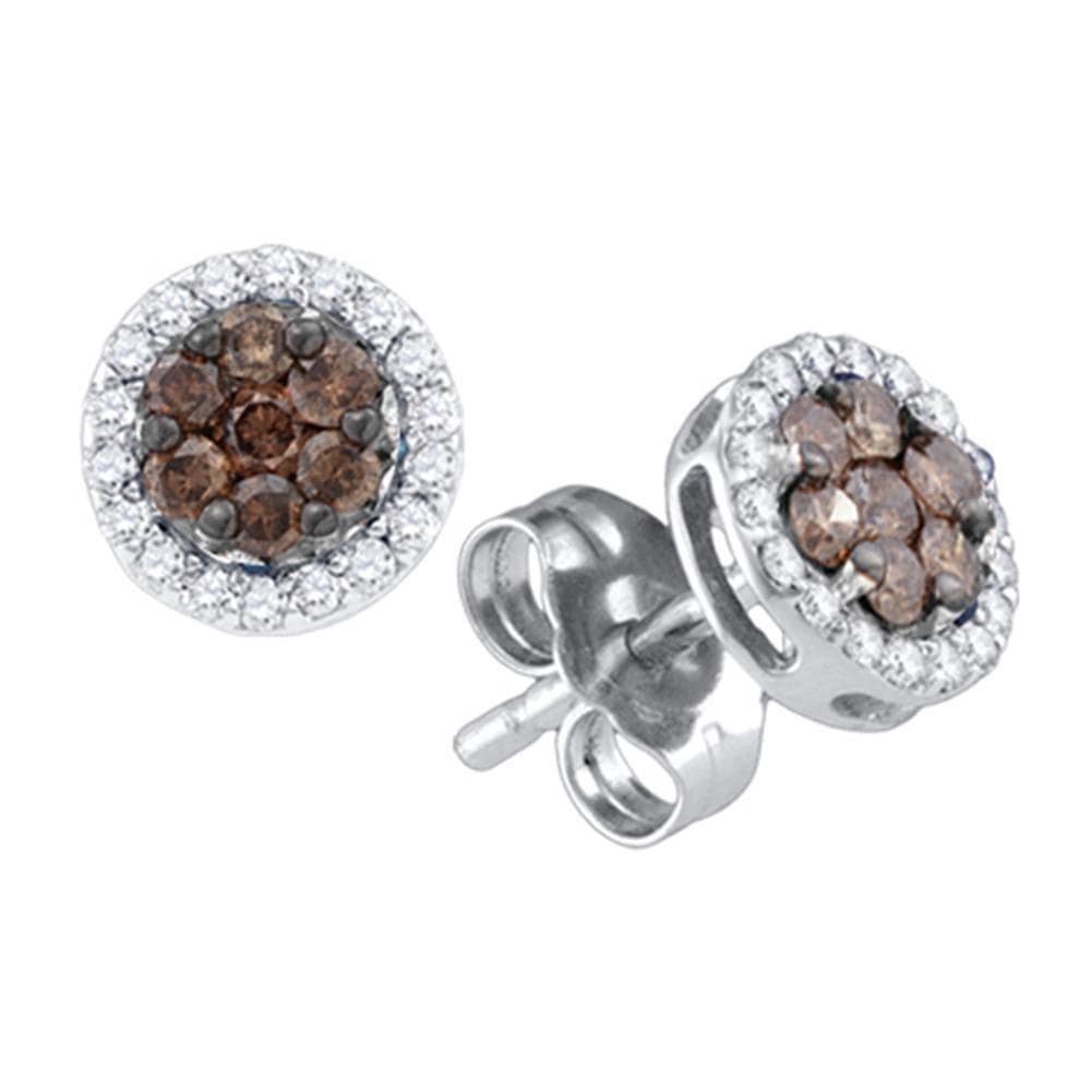 10k White Gold Womens Cognac-brown Color Enhanced Diamond Flower Cluster Screwback Stud Earrings 1/4 Cttw