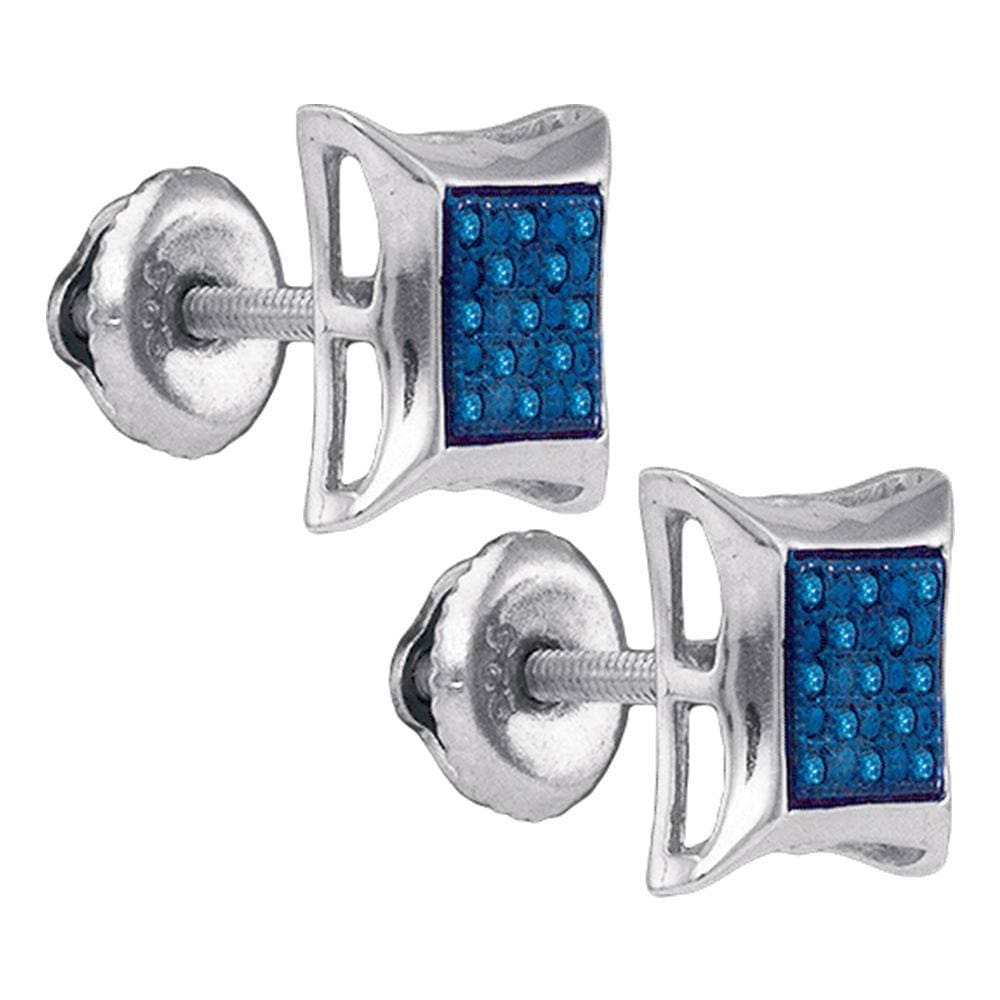 Sterling Silver Mens Round Blue Color Enhanced Diamond Square Kite Earrings 1/12 Cttw
