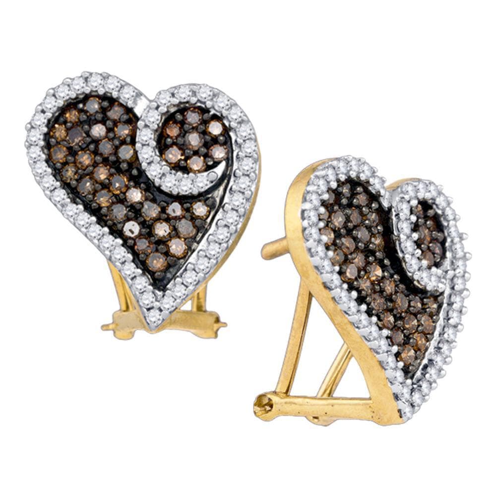 10kt Yellow Gold Womens Round Brown Color Enhanced Diamond Heart Earrings 1.00 Cttw
