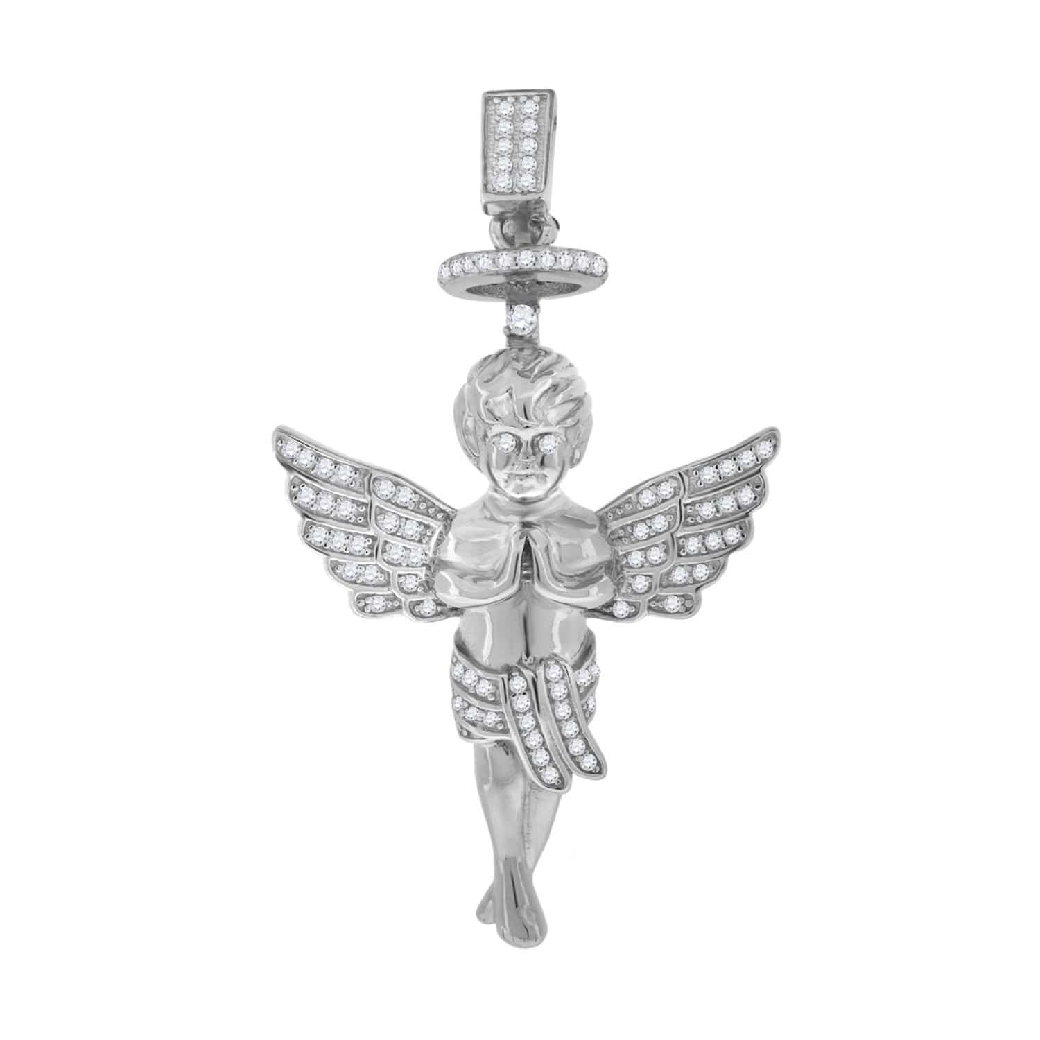 Sterling Silver Mens Round Cubic Zirconia CZ Praying Angel Hands Fashion Charm Pendant, Pendants, Silverine, Jawa Jewelers