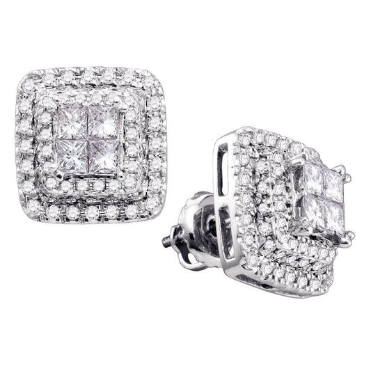 14kt White Gold Womens Princess Round Diamond Square Frame Cluster Earrings 1.00 Cttw