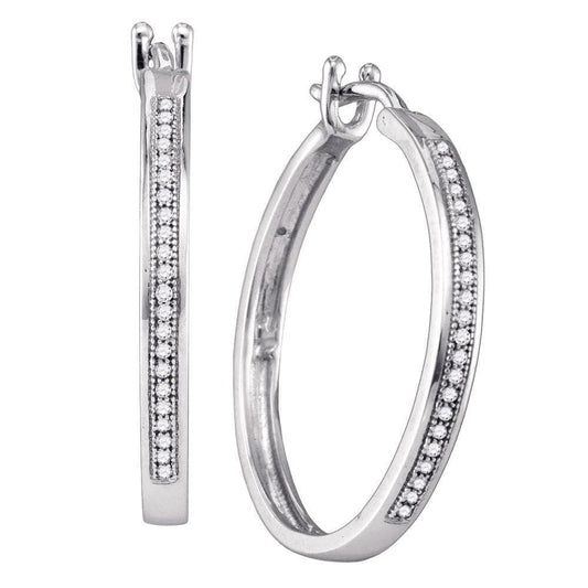 Sterling Silver White Diamond Womens Single-row Hoop Earrings 1/6 Cttw