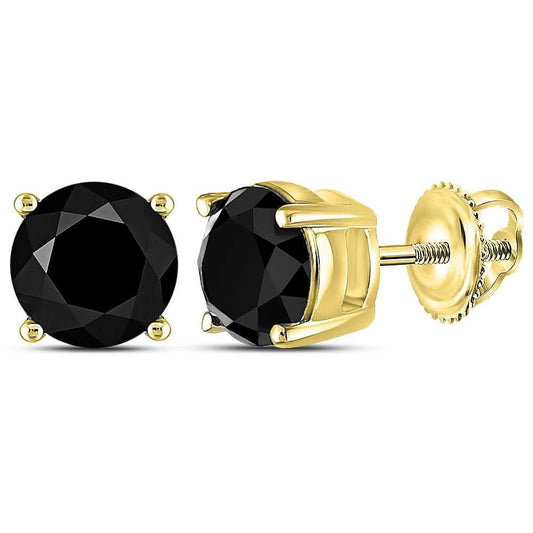 10kt Yellow Gold Unisex Round Black Color Enhanced Diamond Solitaire Earrings 3.00 Cttw