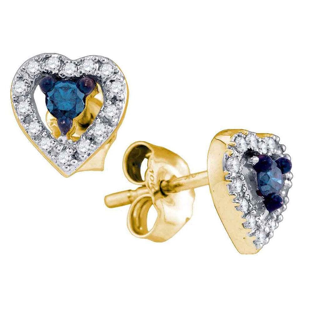 10kt Yellow Gold Womens Round Blue Color Enhanced Diamond Heart Stud Earrings 1/5 Cttw