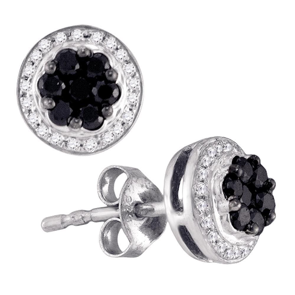 10kt White Gold Womens Round Black Color Enhanced Diamond Flower Cluster Earrings 1/2 Cttw