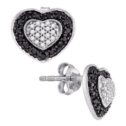 10K White Gold Black Color Enhanced Round Diamond Heart Cluster Screwback Stud Earrings 1/2 Cttw