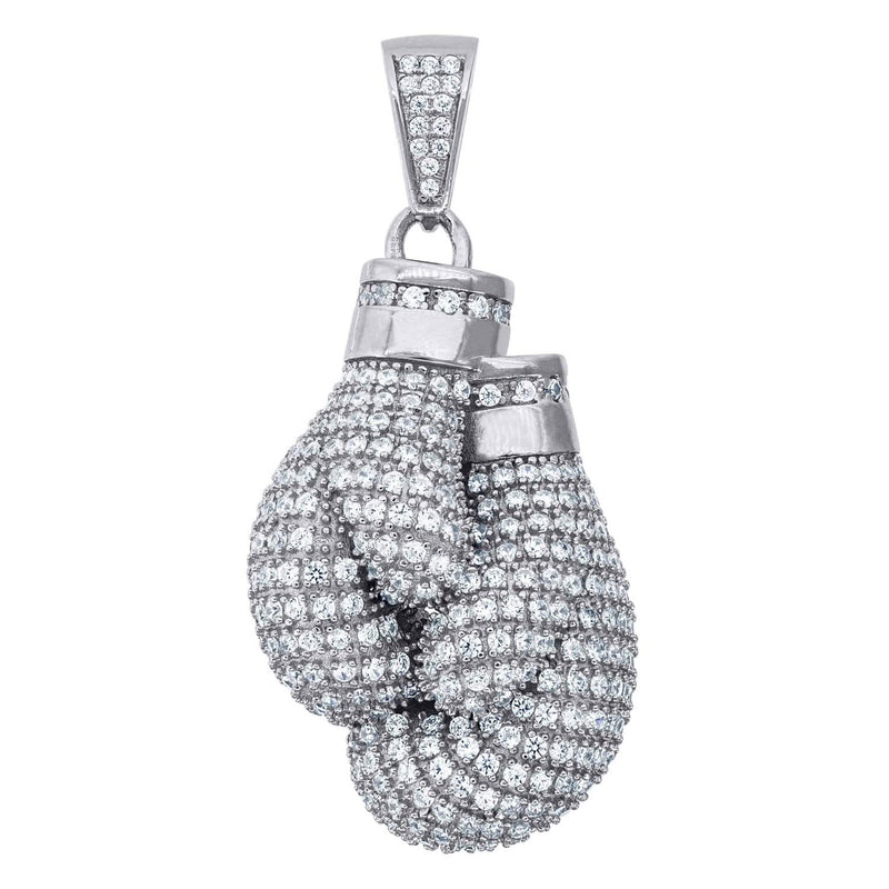 Sterling Silver Mens Round Cubic Zirconia CZ Boxing Gloves Cluster Charm Pendant, Pendants, Silverine, Jawa Jewelers