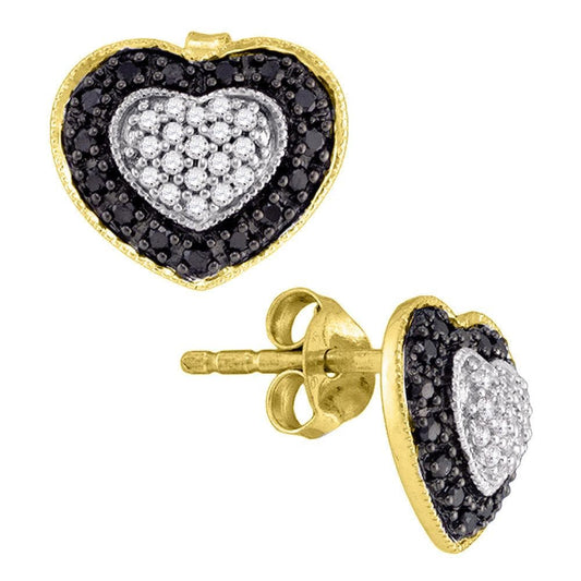 10kt Yellow Gold Womens Round Black Color Enhanced Diamond Heart Stud Earrings 1/2 Cttw