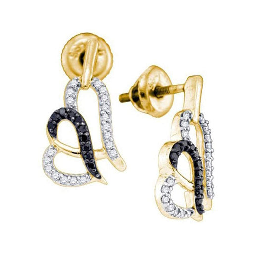 10kt Yellow Gold Womens Round Black Color Enhanced Diamond Heart Stud Earrings 1/3 Cttw