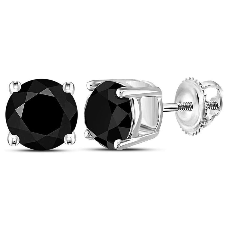 10kt White Gold Unisex Round Black Color Enhanced Diamond Solitaire Stud Earrings 4.00 Cttw