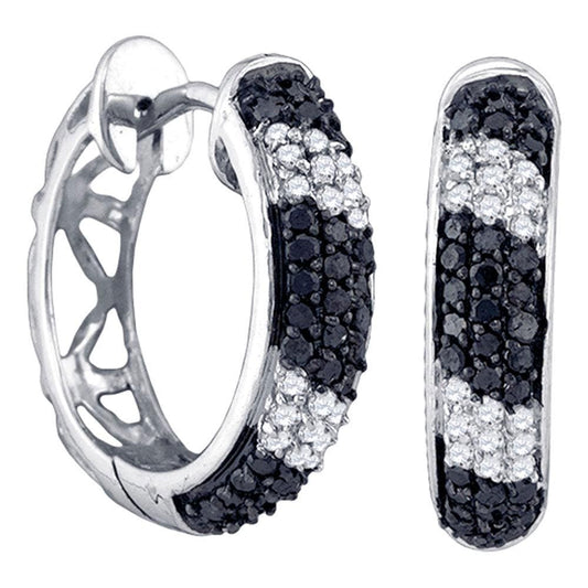 10k White Gold Black Color Enhanced Round Pave-set Diamond Womens Hidden Snap Post Hoop Earrings 5/8
