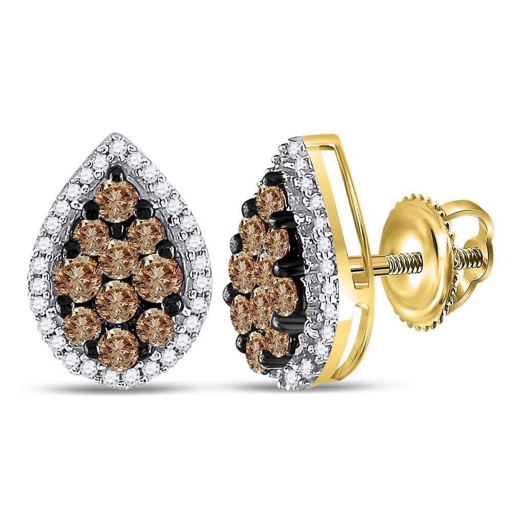 10kt Yellow Gold Womens Round Brown Color Enhanced Diamond Teardrop Cluster Earrings 1.00 Cttw
