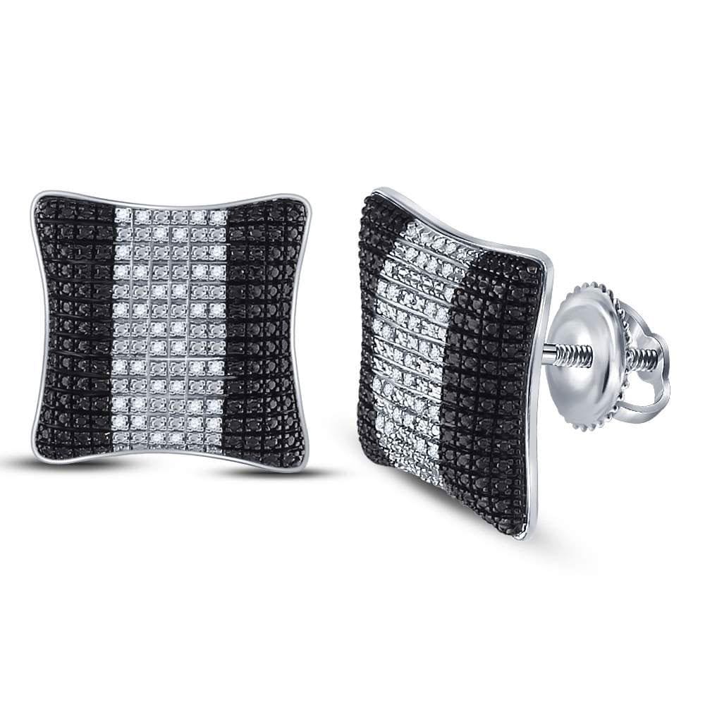 Sterling Silver Mens Round Diamond Puffed Square Cluster Earrings 1/6 Cttw