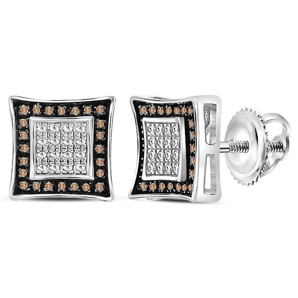 Sterling Silver Mens Round Brown Color Enhanced Diamond Square Stud Earrings 1/20 Cttw