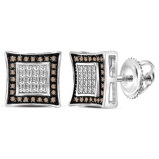 Sterling Silver Mens Round Brown Color Enhanced Diamond Square Stud Earrings 1/20 Cttw