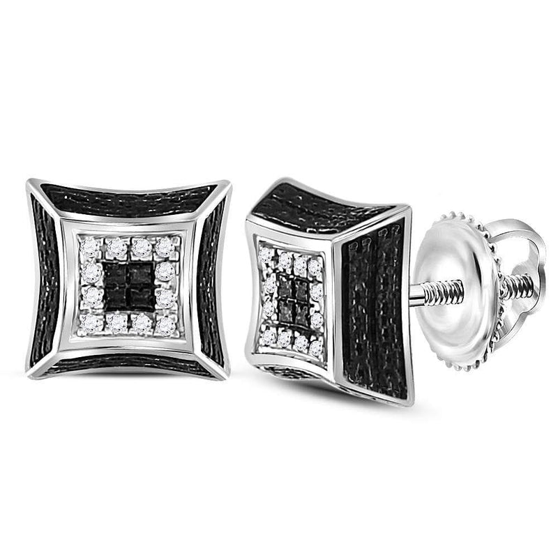 Sterling Silver Mens Round Diamond Cluster Square 3D Black Earrings 1/20 Cttw